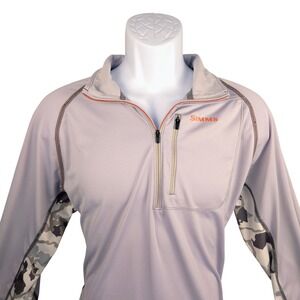 Simms Fishing Pullover Quarter Zip Camo Sleeve Mens XL Gray Orange Logo